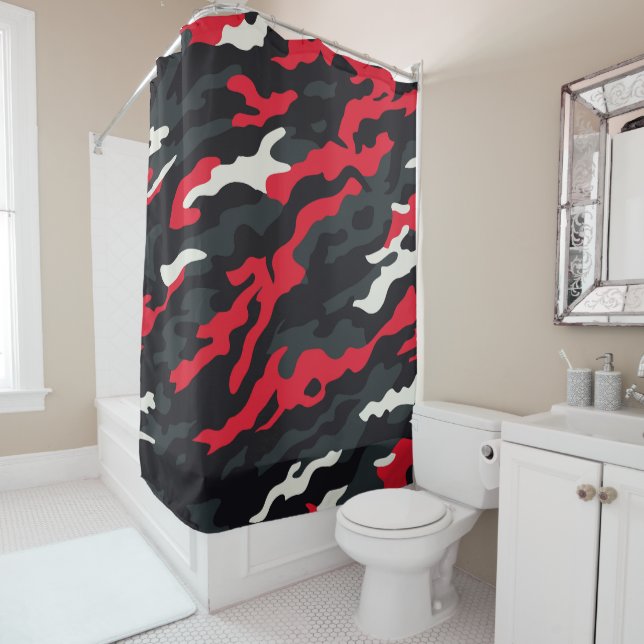 Rideaux De Douche Camouflage blanc gris rouge Motif Camo (En situation)
