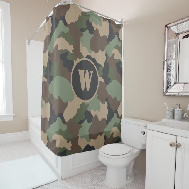 Rideaux De Douche Camouflage Bois Camo Kaki Tan Noir Monogramme (En situation)