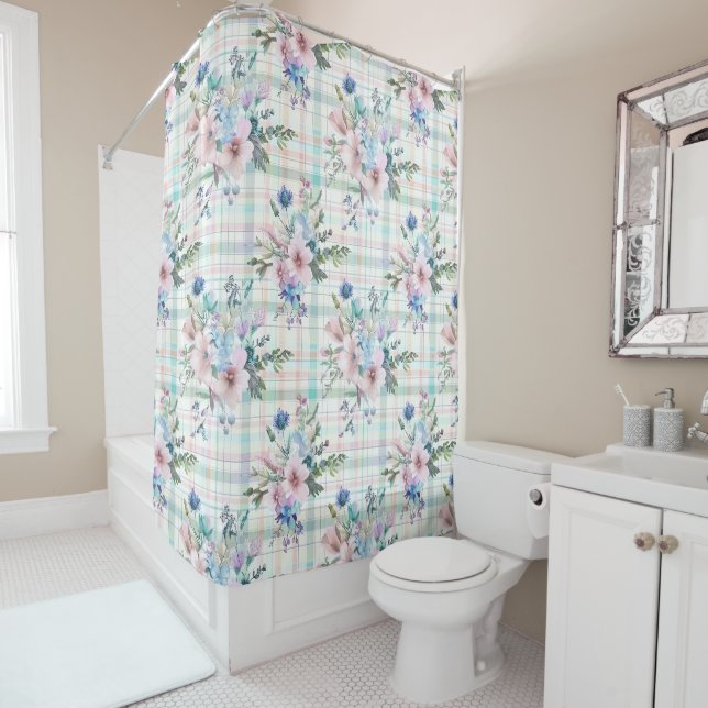 Rideaux De Douche Campagne Ferme Pastel Floral Plaid (En situation)