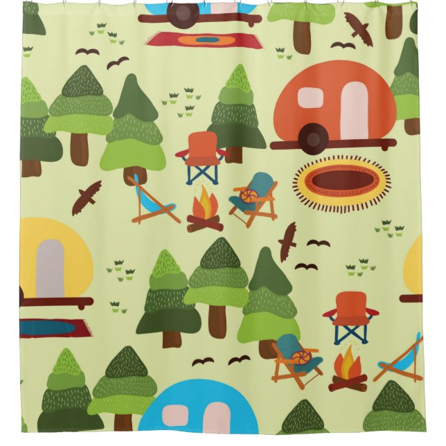 Rideaux De Douche Camping - caravane, chaises de camping, cheminée (Devant)