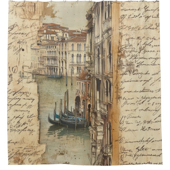 Rideaux De Douche Canal vintage de Venise avec script manuscrit (Devant)