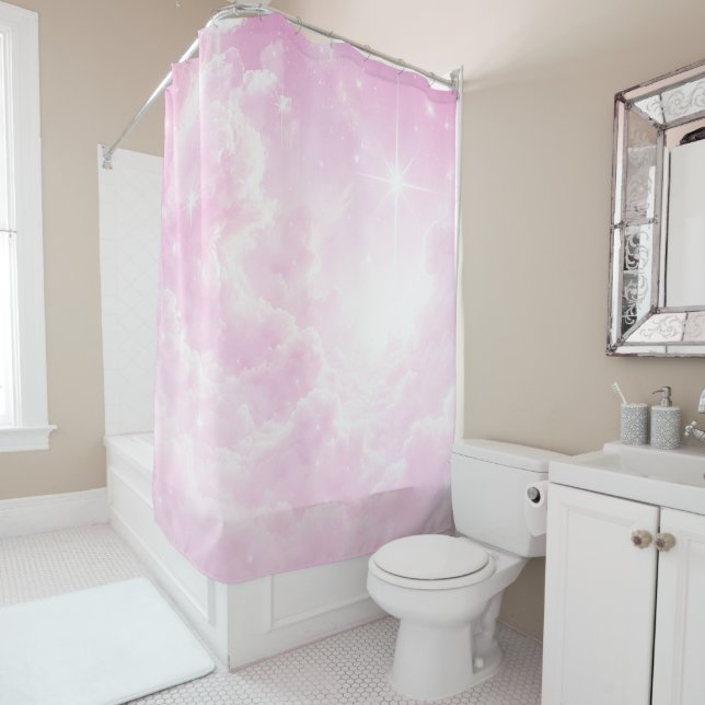 Rideaux De Douche Candy en coton rose Nuages ciel étoilé (En situation)