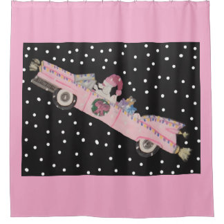 Rideaux De Douche Caniche à Noël dans une décapotable rose