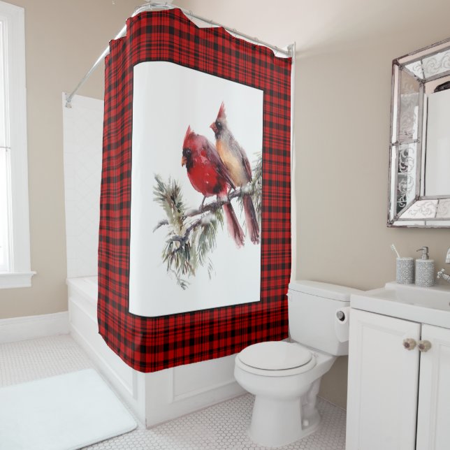 Rideaux De Douche Cardinaux à l'aquarelle en Rouge de Noël à carreau (En situation)