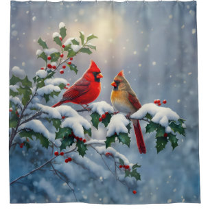 Rideaux De Douche Cardinaux rouges et Holly en neige