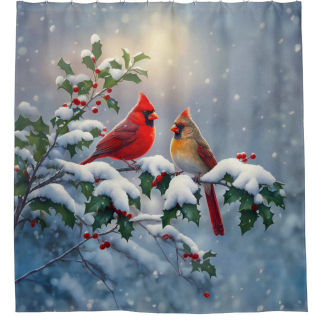 Rideaux De Douche Cardinaux rouges et Holly en neige (Devant)
