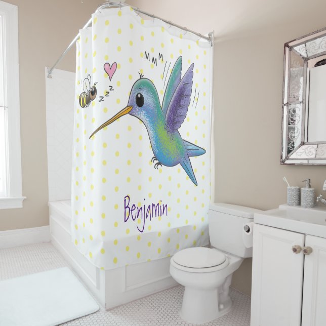 Rideaux De Douche Caricature de colibri d'abeille mignonne (En situation)
