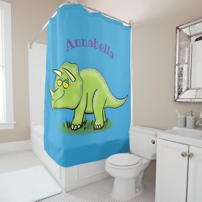 Rideaux De Douche Caricature de dinosaure de triceratops vert mignon (En situation)