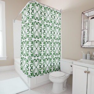 Rideaux De Douche Carreau Marocain Floral Aquarelle Vert Forêt Blanc