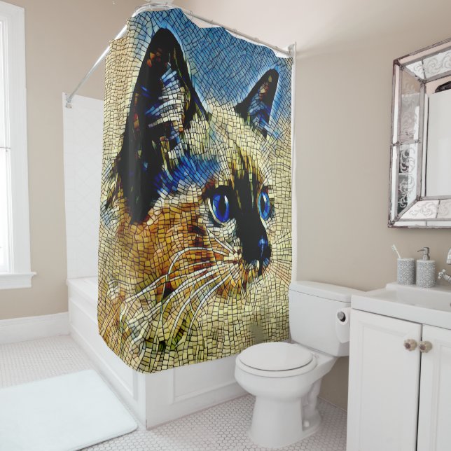 Rideaux De Douche Carreaux de mosaïque de chats siamois bleu (En situation)