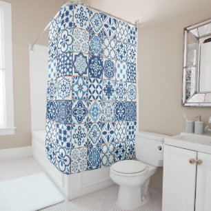 Rideaux De Douche Carreaux de mosaïque en azulejo bleu indigo médite