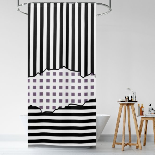 Rideaux De Douche Carrelage élégant Carrelage noir blanc violet Couc (Stylish Stripes, Net Black, White, Purple Layered Shower Curtain)