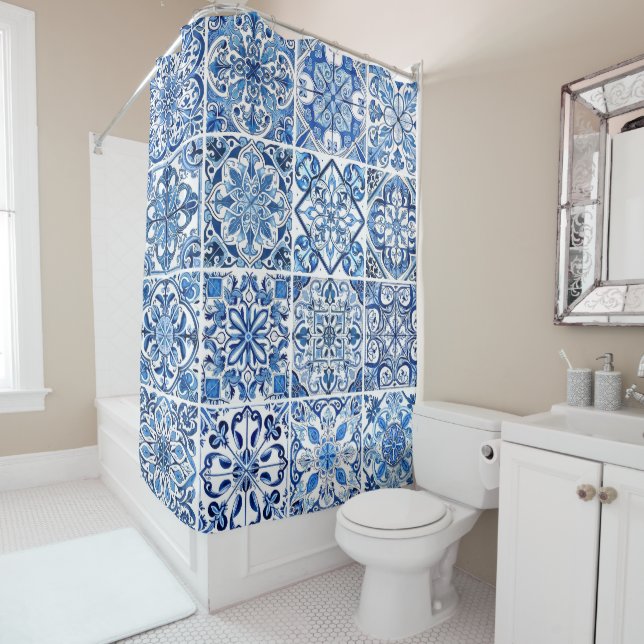 Rideaux De Douche Carrelage méditerranéen, Portugais, Azulejo, Majol (En situation)