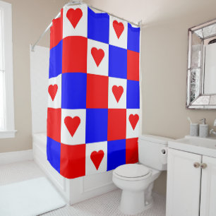 Rideaux De Douche Carrés rouges, blancs et bleus avec des cœurs roug