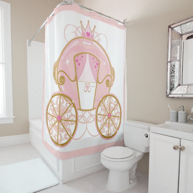 Rideaux De Douche Carrosse de princesse rose et or  (En situation)