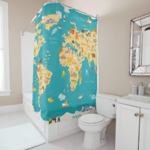 Rideaux De Douche Carte animale du monde pour des enfants