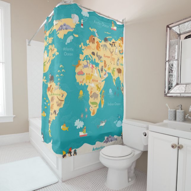 Rideaux De Douche Carte animale du monde pour des enfants (En situation)