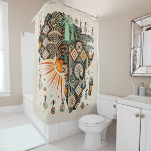 Rideaux De Douche Carte d'Afrique Motif Décoratif d'Éléments Tribaux