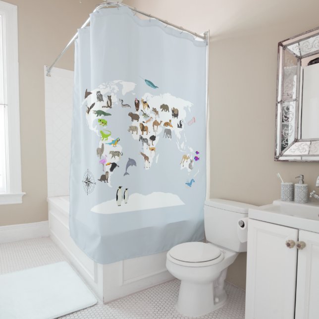 Rideaux De Douche Carte du monde pour enfants Animaux (En situation)