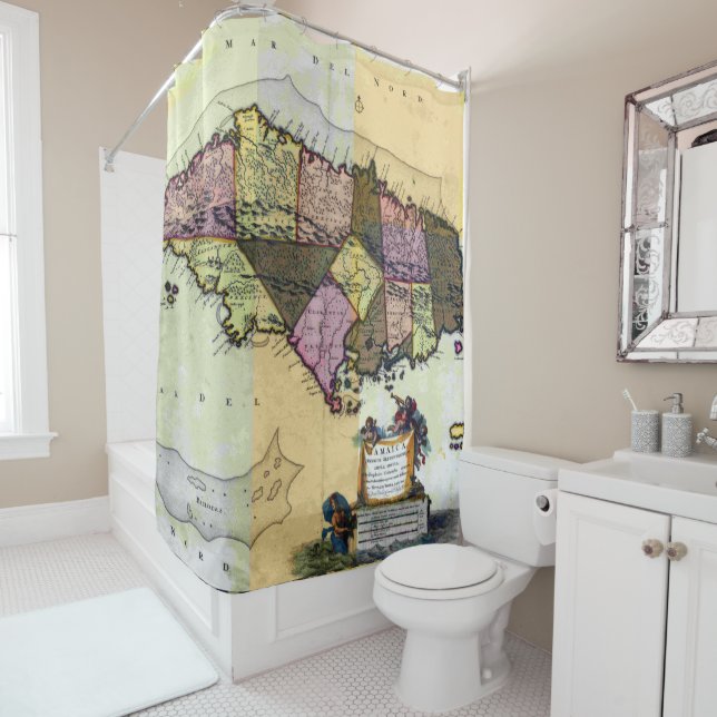Rideaux De Douche Carte vintage Jamaïque 1680 (En situation)