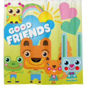 Rideaux De Douche Cartoon Animaux Bons Amis Ours Écureuil Grenouille
