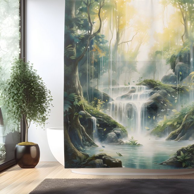 Rideaux De Douche Cascade de la forêt mystique à l'aquarelle (Créateur téléchargé)