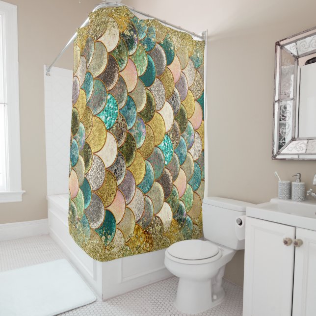 Rideaux De Douche Cascady Gold Parties scintillant Turquoise Aqua Gl (En situation)