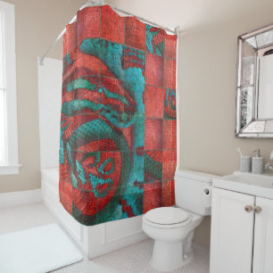 Rideaux De Douche Casse-croûte rouge et turquoise abstrait sur la