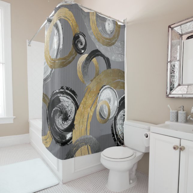 Rideaux De Douche Cercles d'anneaux Or Abstrait moderne Gris noir (En situation)