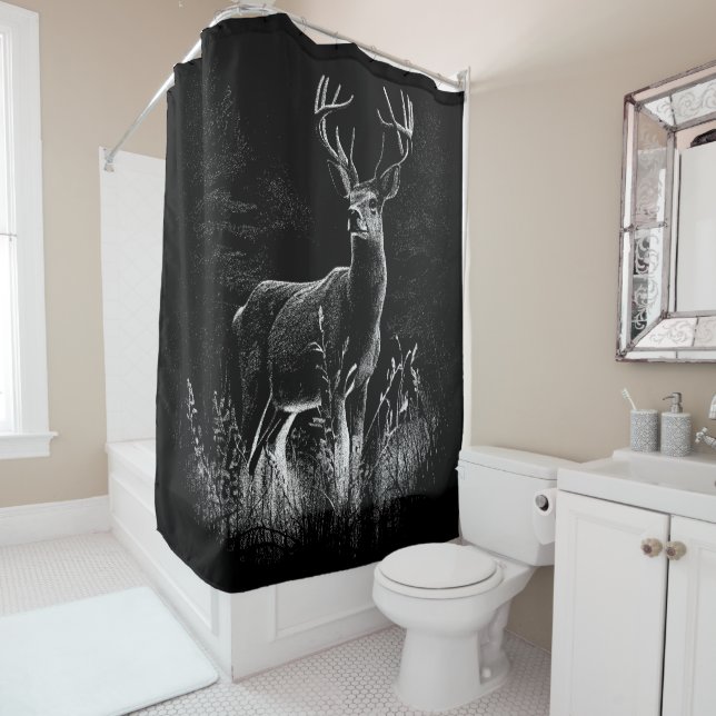 Rideaux De Douche Cerf aux bois encadrés par champ et arbre (En situation)