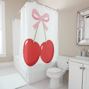Rideaux De Douche Cerises Rouges avec Nœud Rose Chic Cottage Coquett