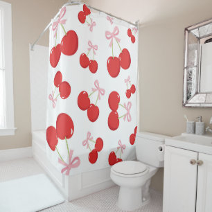 Rideaux De Douche Cerises Rouges avec Nœud Rose Coquette Cottage Chi
