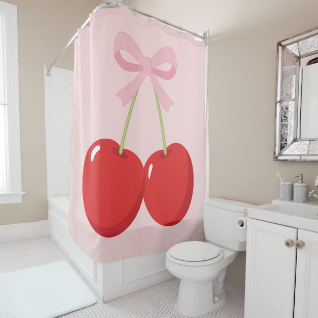 Rideaux De Douche Cerises Rouges avec Nœud Rose Coquette Cottage Chi (En situation)