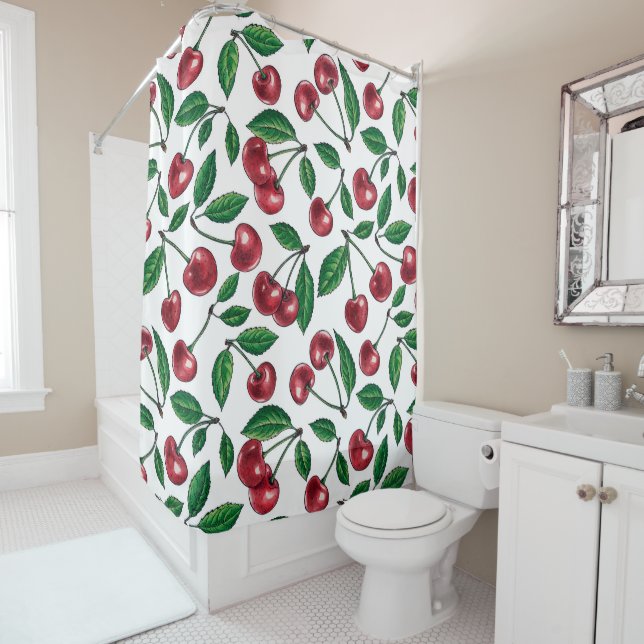 Rideaux De Douche Cerises rouges sur blanc (En situation)