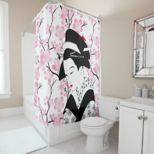 Rideaux De Douche cerisier en fleurs japonaises geisha blanc rose