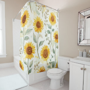 Rideaux De Douche Champ de Tournesols Peinture Aquarelle Floral Jaun