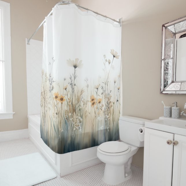 Rideaux De Douche Champ rustique de l'aquarelle Fleur sauvage (En situation)