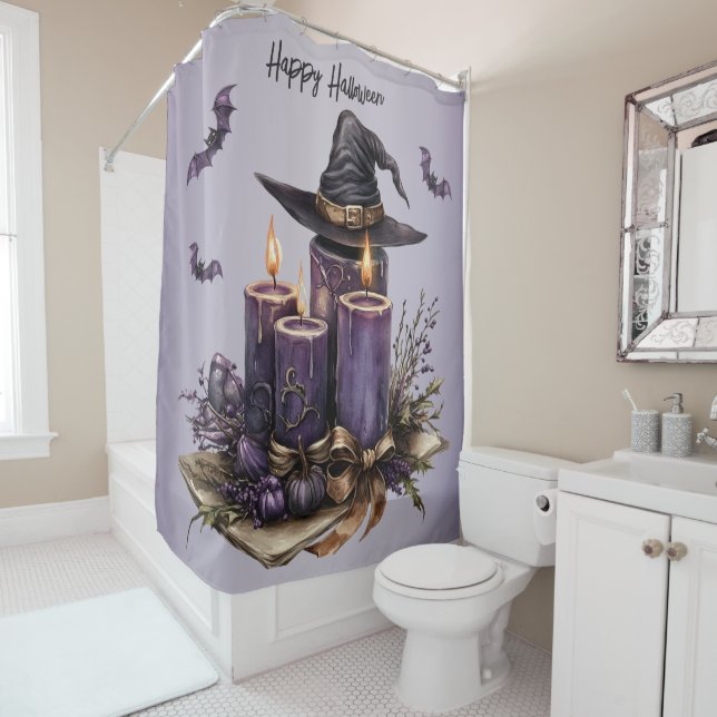 Rideaux De Douche Chandelles violettes d'Halloween chauves-souris Éf (En situation)