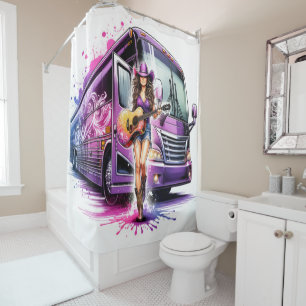 Rideaux De Douche Chanteur Cowgirl avec guitare et Tour Bus