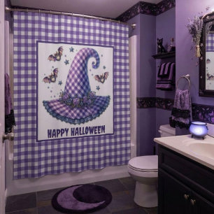 Rideaux De Douche Chapeau de sorcière Halloween en gingham violet et