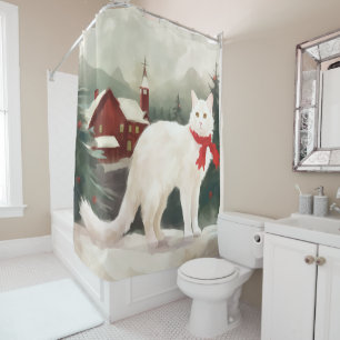 Rideaux De Douche Chat angora turc à Noël sous la neige