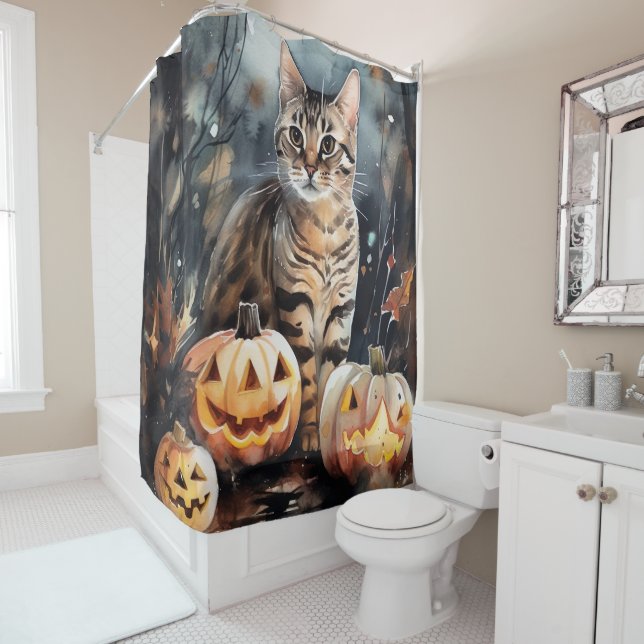 Rideaux De Douche Chat Bengale D'Halloween Avec Peur Citrouille (En situation)