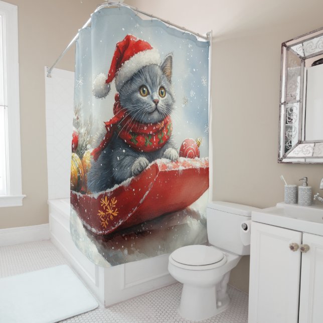 Rideaux De Douche Chat bleu russe en sangle laissez-le neiger Noël (En situation)