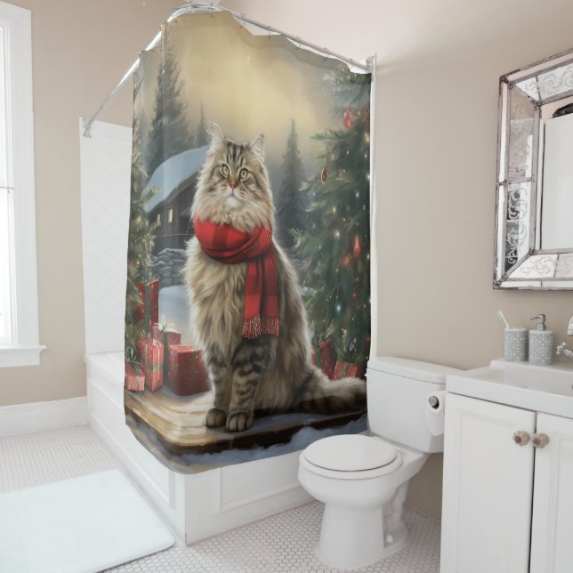 Rideaux De Douche Chat de Sibérie en Noël de Neige (En situation)