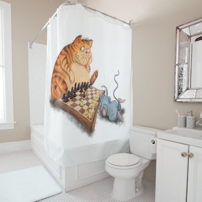 Rideaux De Douche Chat et souris Jouer aux échecs Dessin amusant  (En situation)