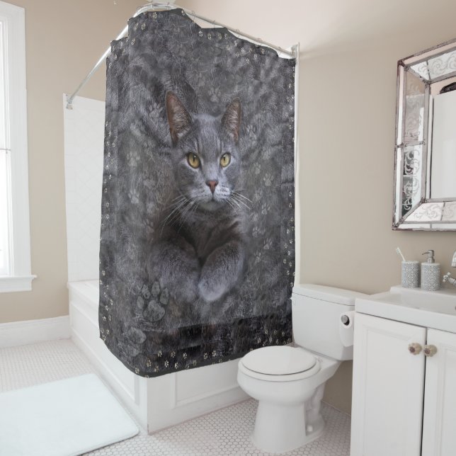 Rideaux De Douche Chat gris (En situation)