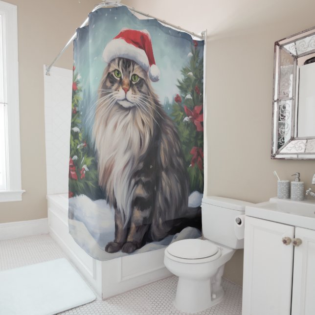 Rideaux De Douche Chat Maine Coon à Noël de neige (En situation)