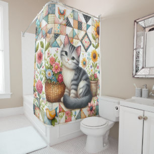 Rideaux De Douche Chat mignon sur courtepointe florale Cottagecore