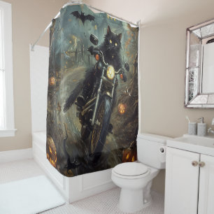 Rideaux De Douche Chat Noir à Moto Halloween Épouvantable