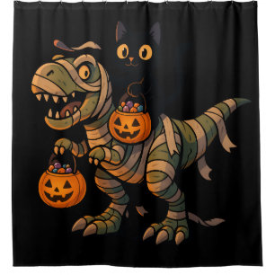 Rideaux De Douche Chat noir chevauchant un T-Rex momie – Dino Hallow